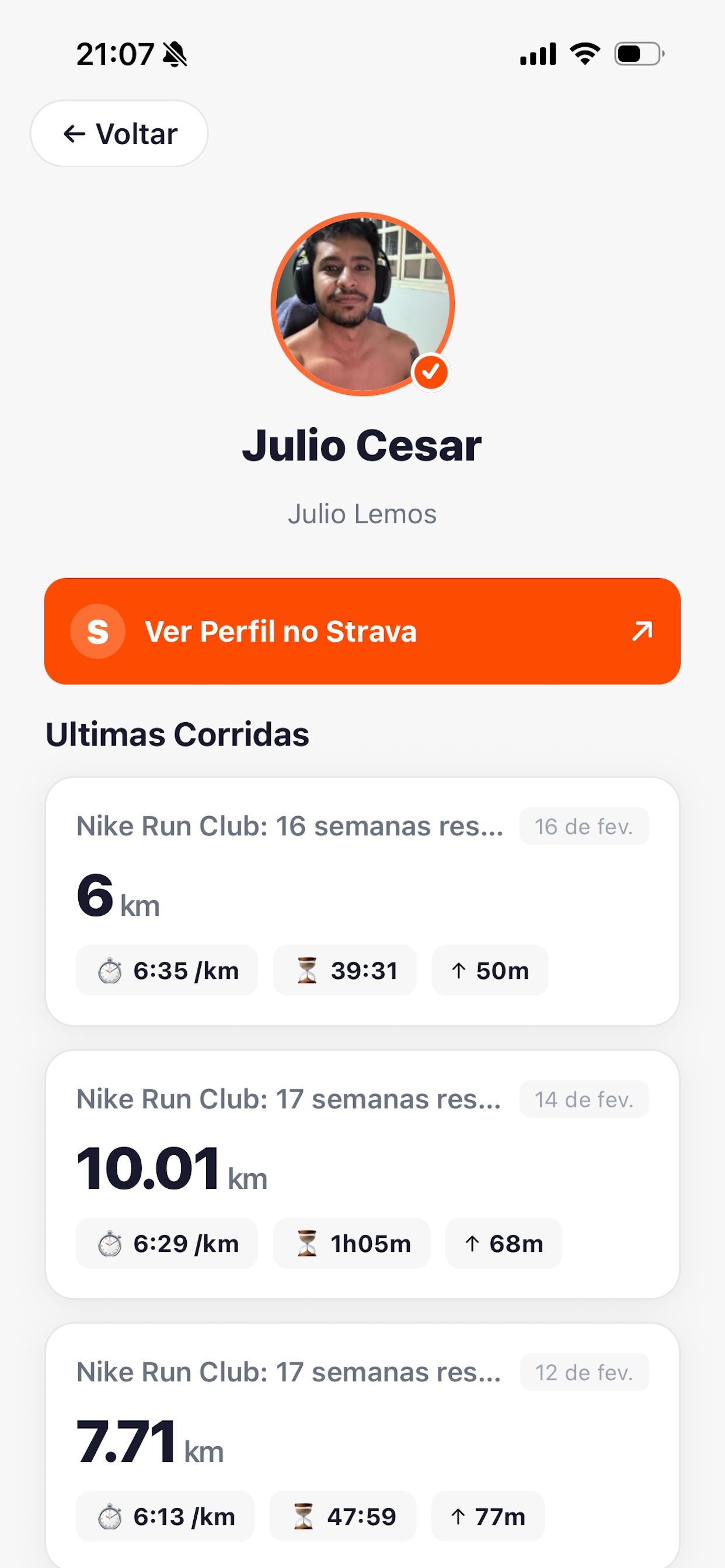 Perfil com verificacao Strava